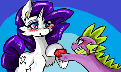 Size: 1024x607 | Tagged: safe, artist:bakukurara, rarity, spike, dragon, pony, unicorn, blushing, female, male, ruby, shipping, sparity, straight