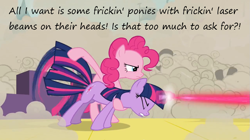 Size: 1063x594 | Tagged: safe, derpibooru import, edit, edited screencap, screencap, pinkie pie, twilight sparkle, earth pony, pony, unicorn, a canterlot wedding, austin powers, behaving like a weapon, female, insane pony thread, laser, mare, minigun, movie reference, tumblr, twigun