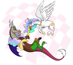 Size: 902x800 | Tagged: safe, artist:lionylioness, discord, princess celestia, alicorn, draconequus, pony, angry, discord being discord, no tail, smiling, this will end in pain, this will end in petrification