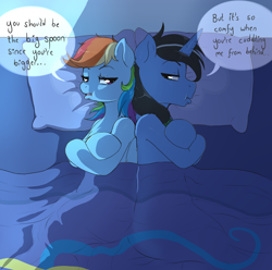 Size: 1280x1268 | Tagged: safe, artist:evomanaphy, derpibooru import, rainbow dash, oc, oc:night rain, pegasus, pony, unicorn, bed, blanket, canon x oc, couple, cute, dashrain, female, male, pillow, pouting, relationship problems, shadows, shipping, silly, straight