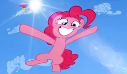 Size: 1980x1152 | Tagged: safe, artist:flare-chaser, pinkie pie, earth pony, pony, cloud, falling, grin, happy, hot air balloon, jumping, lens flare, looking at you, plummet, sky, skydive, skydiving, smiling, solo, squee, sun, this will end in pain