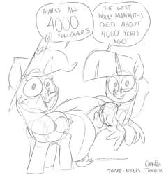 Size: 1000x1050 | Tagged: safe, artist:capnpea, applejack, twilight sparkle, twilight sparkle (alicorn), alicorn, earth pony, pony, comic:three apples, dialogue, duo, duo female, female, mare, monochrome, sketch, smiling, thanks, tumblr