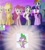 Size: 846x941 | Tagged: safe, derpibooru import, edit, edited screencap, screencap, applejack, fluttershy, pinkie pie, rainbow dash, rarity, spike, twilight sparkle, dragon, earth pony, pegasus, pony, unicorn, magical mystery cure, molt down, 1000 years in photoshop, alicorn flash, applejack's hat, blonde mane, blonde tail, blue coat, blue wings, clothes, exploitable meme, female, flying, hat, horn, hub logo, male, mane seven, mane six, mare, meme, multicolored mane, multicolored tail, needs more jpeg, open mouth, orange coat, pink coat, pink mane, pink tail, purple mane, purple tail, raised hoof, raised leg, spanish, spread wings, white coat, winged spike, wings, yellow coat