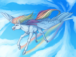 Size: 1600x1200 | Tagged: safe, artist:ask-ravenclaw, derpibooru import, rainbow dash, pegasus, pony, female, flying, mare, open mouth, rainbow trail, realistic, solo, windswept mane