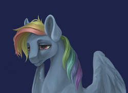 Size: 1800x1300 | Tagged: safe, artist:ask-ravenclaw, derpibooru import, rainbow dash, pegasus, pony, blue background, female, mare, sad, simple background, solo, spread wings, wings, wip