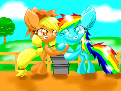 Size: 2272x1704 | Tagged: safe, artist:lovehtf421, derpibooru import, applejack, rainbow dash, earth pony, pegasus, pony, the ticket master, bipedal, gritted teeth, hoofwrestle, impossibly large ears, scene interpretation