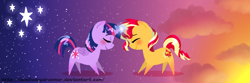 Size: 832x277 | Tagged: safe, artist:doodledaydreamer, sunset shimmer, twilight sparkle, twilight sparkle (alicorn), alicorn, blushing, cute, cutie mark, eyes closed, female, horns are touching, lesbian, magic, shimmerbetes, shipping, sunsetsparkle, twiabetes