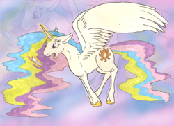 Size: 1248x907 | Tagged: safe, artist:foxofwar, princess celestia, alicorn, pony, annoyed, cellphone, magic, phone, solo, spread wings, telekinesis, traditional art