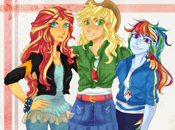 Size: 1280x951 | Tagged: safe, artist:castaspellliana, derpibooru import, applejack, rainbow dash, sunset shimmer, equestria girls, clothes, cowboy hat, female, grin, hand on hip, hat, jacket, looking at you, pants, plaid shirt, shirt, smiling, stetson, trio