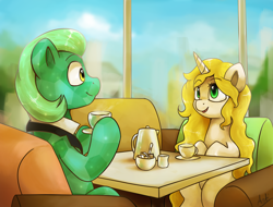 Size: 1518x1155 | Tagged: safe, artist:anticular, derpibooru import, oc, oc only, oc:peridot prim, oc:scheherazade, crystal pony, pony, unicorn, cafe, female, food, male, oc x oc, shipping, straight, tea