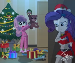 Size: 1300x1083 | Tagged: safe, artist:bluse, rarity, sweetie belle, equestria girls, belly button, christmas, cleavage, clothes, cute, diasweetes, evening gloves, female, midriff, pajamas, present, santa costume, show accurate, sisters, skirt, slippers, story in the comments, teddy bear