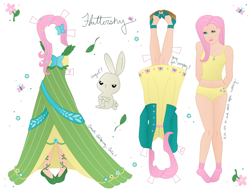 Size: 2196x1667 | Tagged: safe, artist:whiteheather, angel bunny, fluttershy, human, belly button, camisole, clothes, cutie mark underwear, dress, humanized, midriff, panties, papercraft, solo, underwear, yellow underwear