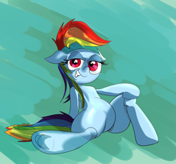 Size: 1297x1214 | Tagged: safe, artist:chrischin, derpibooru import, rainbow dash, pegasus, pony, semi-anthro, abstract background, female, headband, looking at you, mare, sitting, solo, underhoof