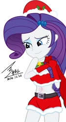 Size: 900x1664 | Tagged: safe, artist:bluse, rarity, equestria girls, background removed, belly button, christmas, clothes, evening gloves, female, hat, midriff, present, santa costume, santa hat, sexy, show accurate, signature, simple background, solo, white background