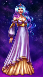 Size: 576x1024 | Tagged: dead source, safe, artist:koshka-murka, artist:polkin, princess celestia, human, clothes, dress, female, humanized, looking at you, nail polish, solo, space, stars