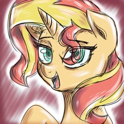 Size: 3000x3000 | Tagged: safe, artist:katakiuchi4u, sunset shimmer, pony, unicorn, bust, colored sketch, female, mare, portrait, sketch, smiling, solo