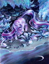 Size: 910x1200 | Tagged: safe, artist:fleebites, starlight glimmer, pony, unicorn, beautiful, eyes closed, moon, night, pond, scenery, solo, stars, traditional art