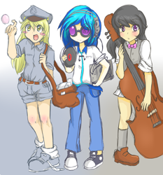 Size: 1850x1986 | Tagged: safe, artist:applestems, derpy hooves, dj pon-3, octavia melody, vinyl scratch, human, bubble, clothes, converse, humanized, shoes, sunglasses, underp