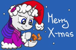 Size: 600x400 | Tagged: safe, artist:notlikelyanartist, rarity, pony, squirrel, unicorn, ear warmers, hat, santa hat, solo