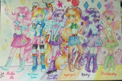 Size: 848x565 | Tagged: safe, artist:xxalymetalgirlxx, derpibooru import, applejack, fluttershy, pinkie pie, rainbow dash, rarity, twilight sparkle, equestria girls, mane six, ponied up, traditional art