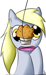 Size: 427x695 | Tagged: safe, artist:kiyoshiii, derpy hooves, pegasus, pony, female, food, mare, muffin, simple background, solo