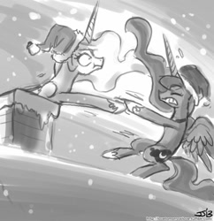 Size: 833x862 | Tagged: safe, artist:johnjoseco, princess celestia, princess luna, alicorn, pony, chimney, christmas is cancelled, duo, female, grayscale, hat, mare, monochrome, pulling, request, royal sisters, santa hat, stuck