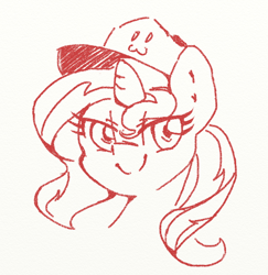 Size: 588x605 | Tagged: safe, artist:lyrabop, sunset shimmer, pony, cute, female, hat, looking at you, monochrome, simple background, sketch, solo