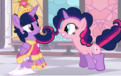 Size: 817x515 | Tagged: safe, artist:mattmiles, derpibooru import, pinkie pie, twilight sparkle, twilight sparkle (alicorn), alicorn, earth pony, pony, clothes, cosplay, costume, female, mare, sitting