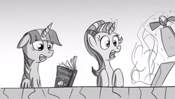 Size: 1920x1080 | Tagged: safe, artist:konyjay, artist:krash42, starlight glimmer, twilight sparkle, twilight sparkle (alicorn), alicorn, pony, unicorn, black and white, book, female, grayscale, levitation, magic, magic aura, mare, monochrome, open mouth, simple background, telekinesis