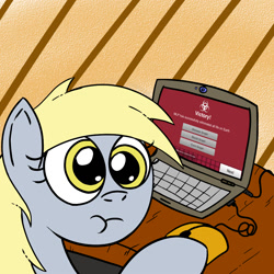 Size: 1000x1000 | Tagged: safe, artist:mysterywhiteflame, derpy hooves, pony, :t, computer, game, i just don't know what went wrong, laptop computer, looking at you, looking back, plague inc evolved, plague inc:evolved, solo