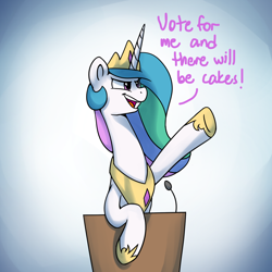 Size: 1200x1200 | Tagged: safe, artist:anticular, derpibooru import, princess celestia, alicorn, pony, ask sunshine and moonbeams, cake, cakelestia, dialogue, female, food, gradient background, mare, solo, vote