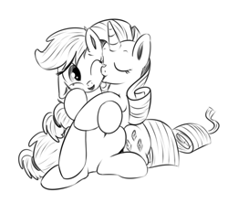 Size: 800x710 | Tagged: safe, artist:xioade, applejack, rarity, earth pony, pony, unicorn, female, grayscale, kissing, lesbian, monochrome, rarijack, shipping