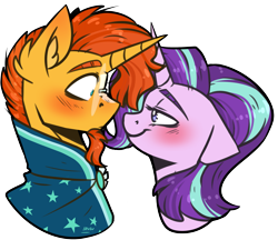 Size: 2789x2412 | Tagged: safe, artist:lrusu, starlight glimmer, sunburst, pony, unicorn, bedroom eyes, blushing, bust, cute, eye contact, facial hair, female, glasses, goatee, looking at each other, male, mare, shipping, simple background, smiling, stallion, starburst, straight, transparent background