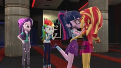 Size: 1024x576 | Tagged: safe, artist:empireoftime, artist:lanceolleyfrie, rainbow dash, sci-twi, starlight glimmer, sunset shimmer, twilight sparkle, better together, equestria girls, spoiler:eqg specials, 3d, angry, beanie, bowtie, clothes, eyes closed, female, glasses, gmod, hat, jealous, jeans, kissing, lesbian, pants, ponytail, scitwishimmer, shipping, shirt, shoes, skirt, sneakers, socks, sunsetsparkle, theater, third wheel, torn clothes, vest
