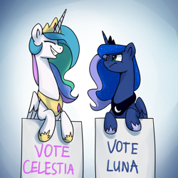 Size: 1200x1200 | Tagged: safe, artist:anticular, derpibooru import, princess celestia, princess luna, alicorn, pony, ask sunshine and moonbeams, duo, duo female, female, grin, mare, smiling, vote