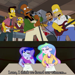 Size: 720x720 | Tagged: safe, edit, screencap, princess celestia, princess luna, principal celestia, vice principal luna, equestria girls, apu nahasapeemapetilon, battle of the bands, covercraft, crossover, dr hibbert, homer simpson, kirk van houten, principal-vice principal judges you, reverend lovejoy, the simpsons