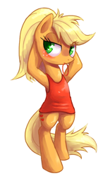 Size: 500x800 | Tagged: safe, artist:30clock, applejack, earth pony, pony, bipedal, bottomless, clothes, dress, grooming, loose hair, pixiv, ponytail, shirt, simple background, solo