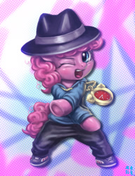 Size: 1411x1839 | Tagged: safe, artist:mrs1989, pinkie pie, pony, testing testing 1-2-3, bipedal, filly, hat, rapper pie, solo, underhoof, younger