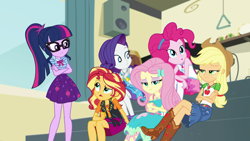 Size: 1280x720 | Tagged: safe, screencap, applejack, fluttershy, pinkie pie, rarity, sci-twi, sunset shimmer, twilight sparkle, better together, equestria girls, overpowered (equestria girls), clothes, geode of fauna, geode of sugar bombs, geode of super strength, geode of telekinesis, glasses, music room, ponytail, sitting