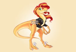 Size: 1000x684 | Tagged: safe, artist:briannacherrygarcia, sunset shimmer, dinosaur, velociraptor, clothes, dinosaurified, jacket, leather jacket, orange background, simple background, smiling, solo, species swap, watermark