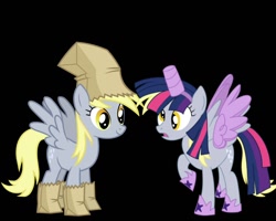 Size: 1280x1024 | Tagged: safe, derpy hooves, pegasus, pony, luna eclipsed, scare master, alicorn costume, clothes, comparison, costume, cute, fake horn, fake wings, female, mare, nightmare night, nightmare night costume, paper bag, paper bag wizard, simple background, toilet paper roll, toilet paper roll horn, twilight muffins, wig