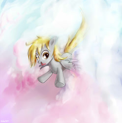 Size: 1000x1008 | Tagged: safe, artist:rikkutakedo, derpy hooves, pony, cloud, flying, silly, silly pony, solo, tongue out