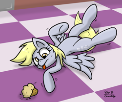 Size: 2115x1770 | Tagged: safe, artist:corsairsedge, derpy hooves, pony, behaving like a cat, food, muffin, on back, silly, silly pony, solo, tongue out