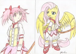 Size: 2320x1662 | Tagged: safe, artist:stardustchild01, fluttershy, pegasus, pony, bow (weapon), clothes, crossover, madoka kaname, magical girl, puella magi madoka magica, simple background, traditional art, weapon