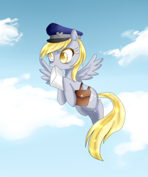 Size: 1057x1273 | Tagged: safe, artist:haruliina, derpy hooves, pegasus, pony, female, flying, letter, mailbag, mailmare, mare, solo