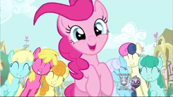 Size: 641x361 | Tagged: safe, screencap, bon bon, carrot top, cherry berry, golden harvest, linky, pinkie pie, sassaflash, shoeshine, spring melody, sprinkle medley, sweetie drops, earth pony, pony, a friend in deed, cute, diapinkes, female, mare, open mouth, smile song, smiling