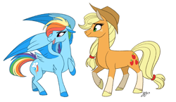 Size: 1406x814 | Tagged: safe, artist:probablyfakeblonde, derpibooru import, applejack, rainbow dash, earth pony, pegasus, pony, duo, female, mare, open mouth, raised hoof, simple background, socks (coat marking), spread wings, white background, wings