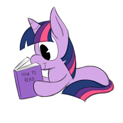 Size: 500x500 | Tagged: safe, artist:karpet-shark, derpibooru import, twilight sparkle, unicorn twilight, pony, unicorn, blank flank, book, female, filly, filly twilight sparkle, hilarious in hindsight, how to read, i never learned to read, irony, paradox, reading, simple background, solo, twily-daily, white background, younger