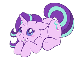 Size: 3672x2873 | Tagged: safe, artist:merry-carousel, starlight glimmer, pony, unicorn, blushing, cute, female, floppy ears, glimmerbetes, lying down, mare, simple background, smiling, solo, transparent background