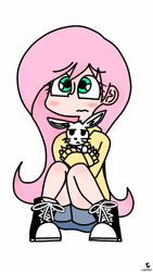 Size: 720x1280 | Tagged: safe, artist:gasplanet, angel bunny, fluttershy, human, blushing, clothes, converse, humanized, shoes, sweater, sweatershy